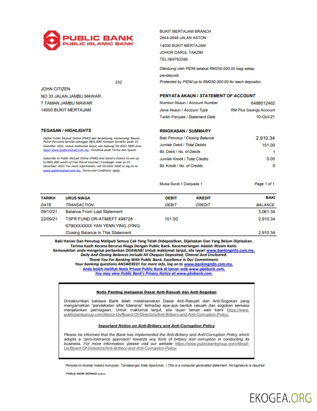Relevé de la banque publique de Malaisie, modèle facile à remplir au format Excel et PDF